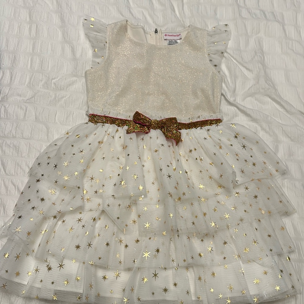 EUC AMERICAN GIRL DRESS - cream & gold party holiday dress size 7